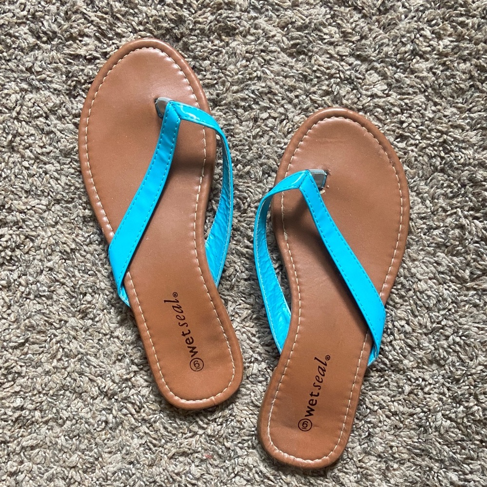 ☀️ Wet Seal Women's Turquoise Strap Brown Footbed Sandals